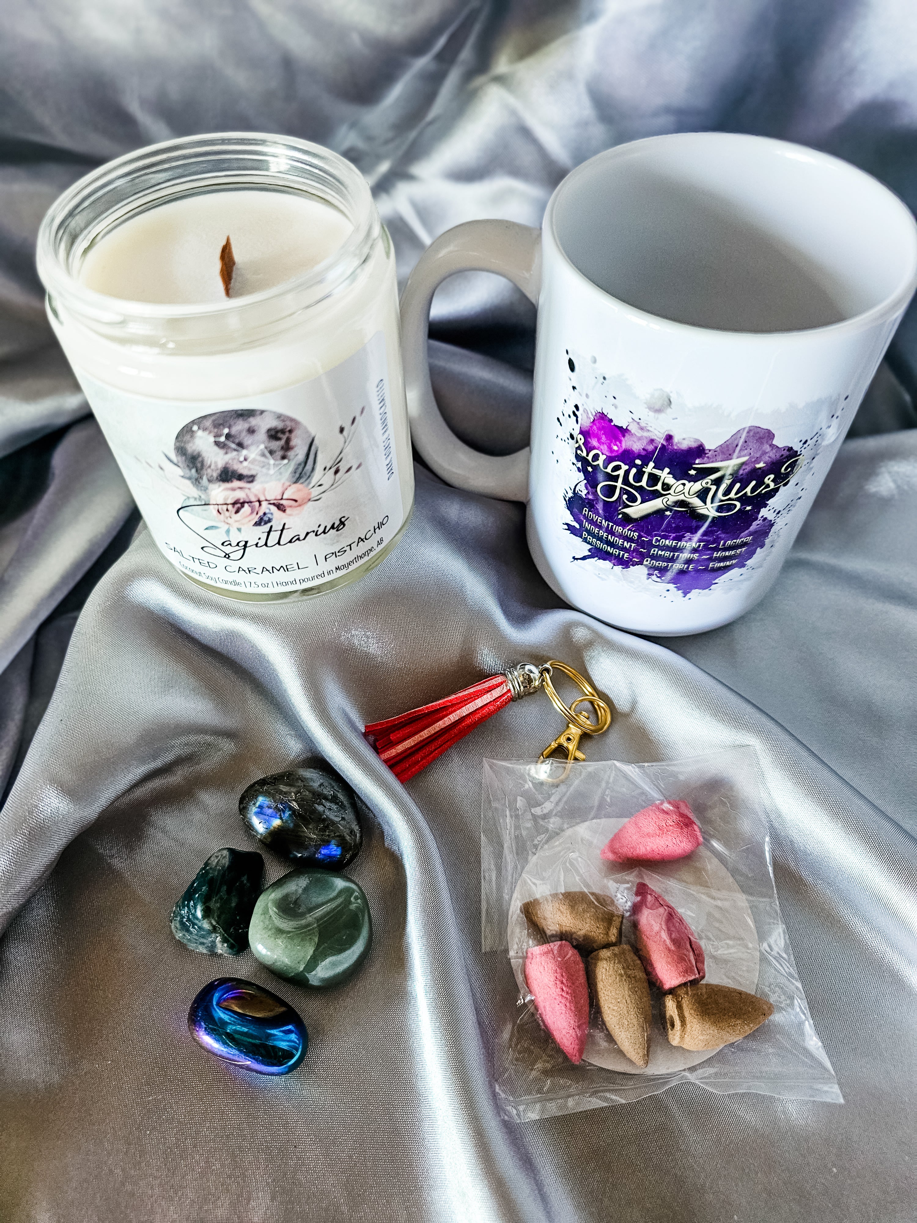 Sagittarius zodiac candle gift box with mug, tumbled stones and incense cones