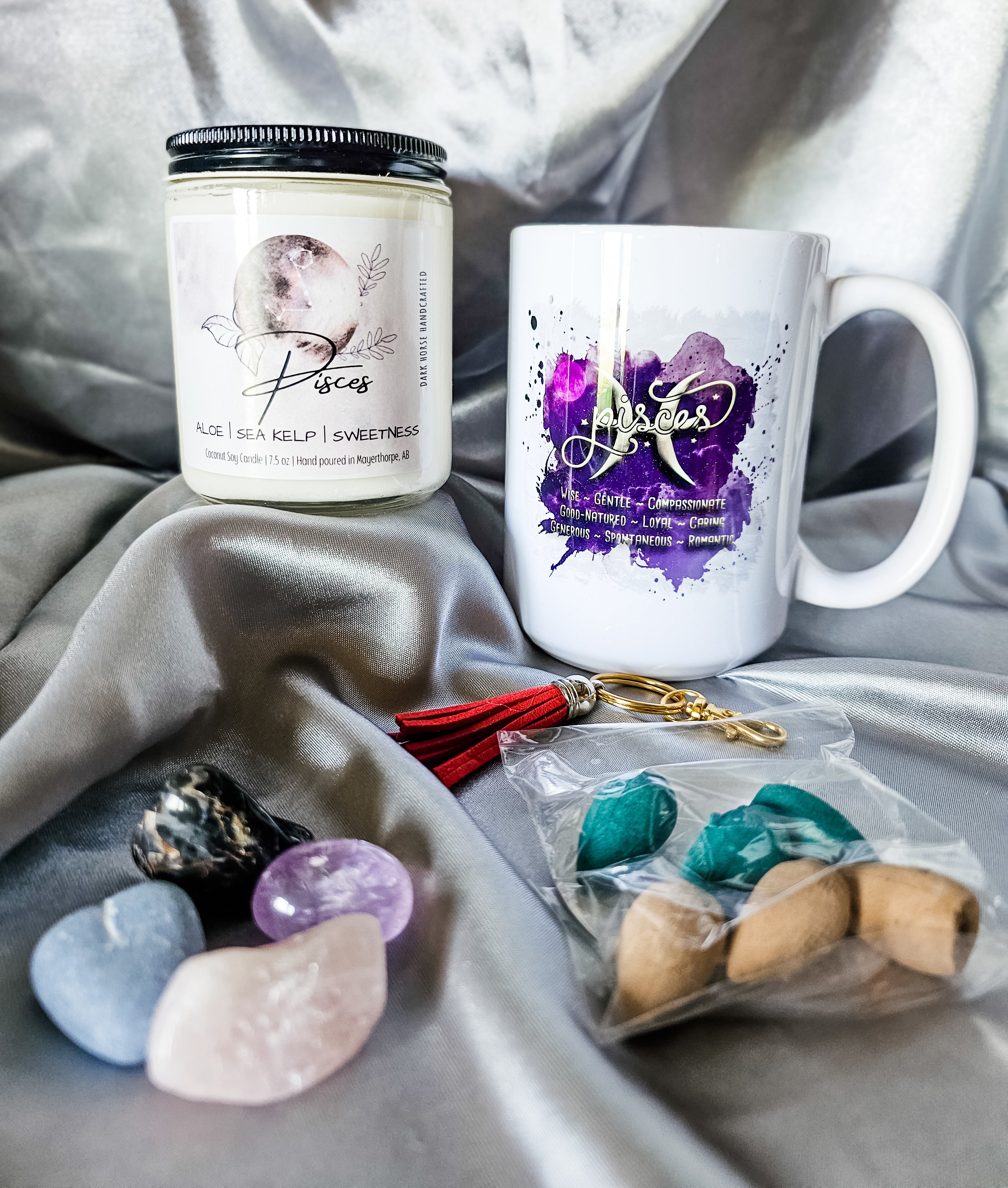 Pisces zodiac candle gift box with mug, tumbled stones and incense cones.