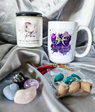 Pisces zodiac candle gift box with mug, tumbled stones and incense cones.