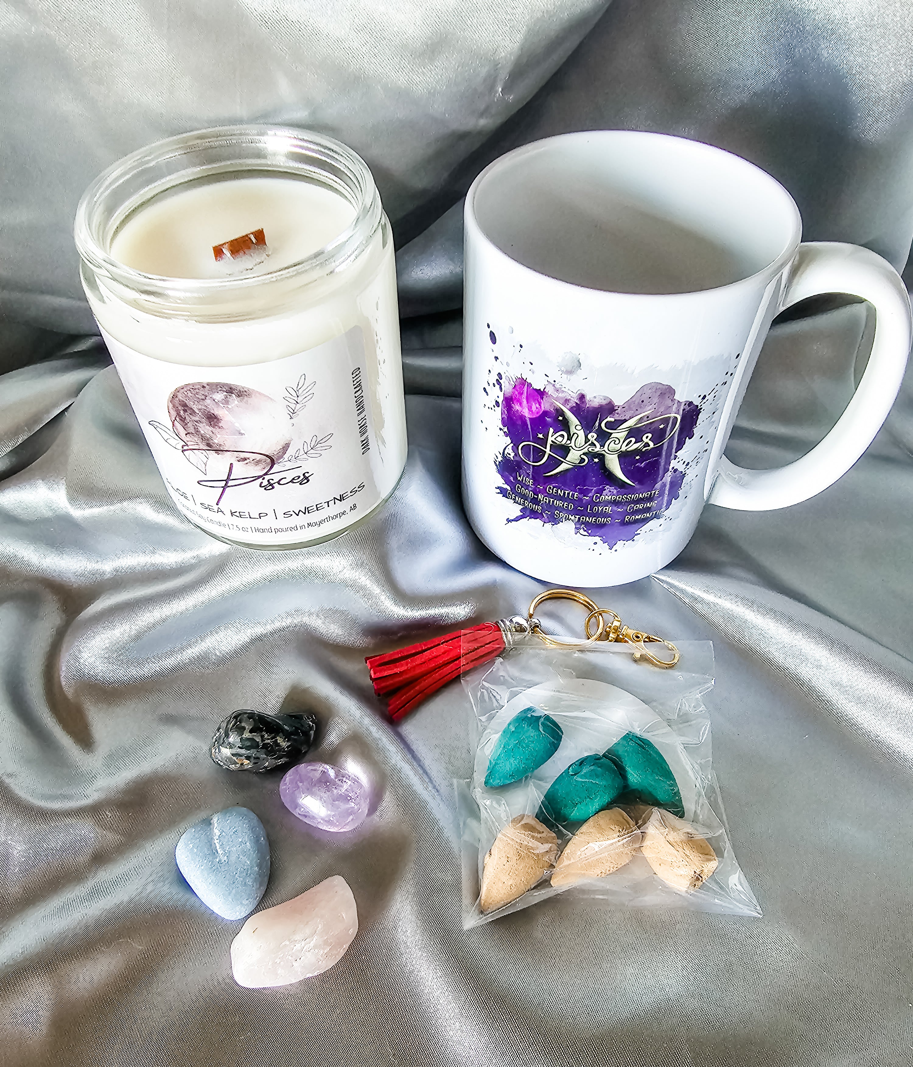 Pisces zodiac candle gift box with mug, tumbled stones and incense cones.