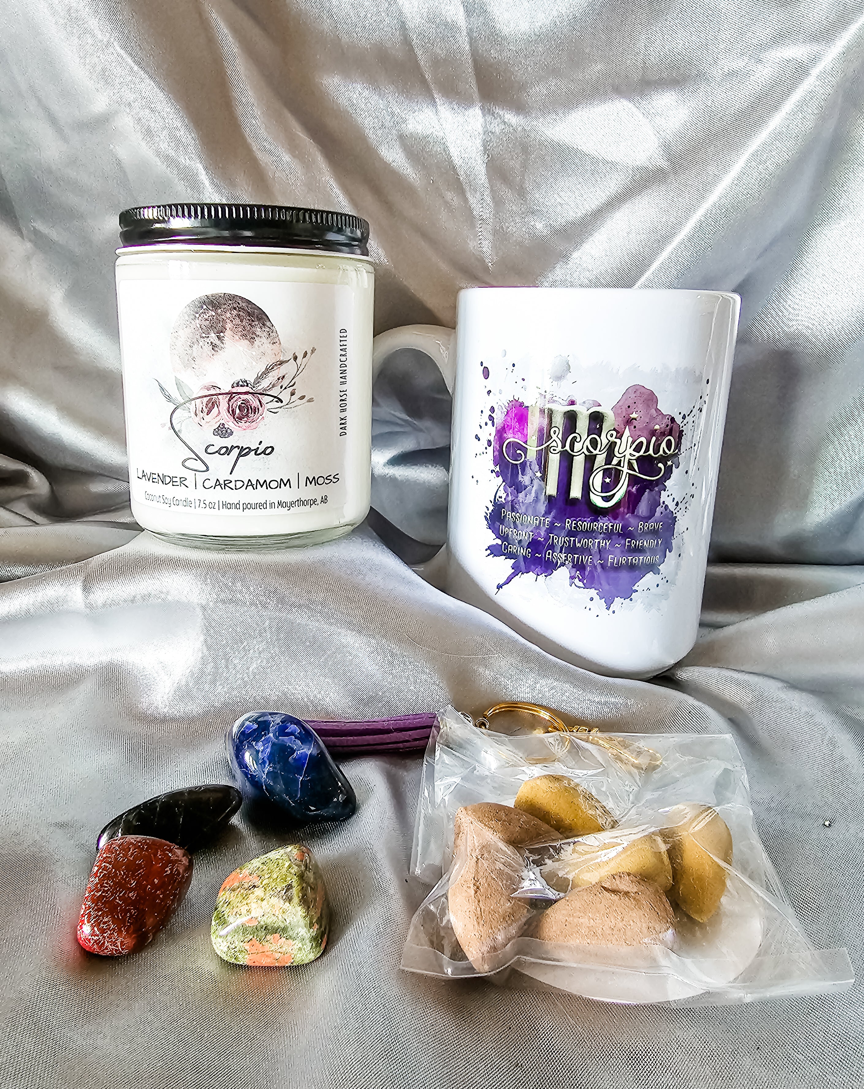Scorpio zodiac candle gift box with mug, tumbled stones and incense cones.