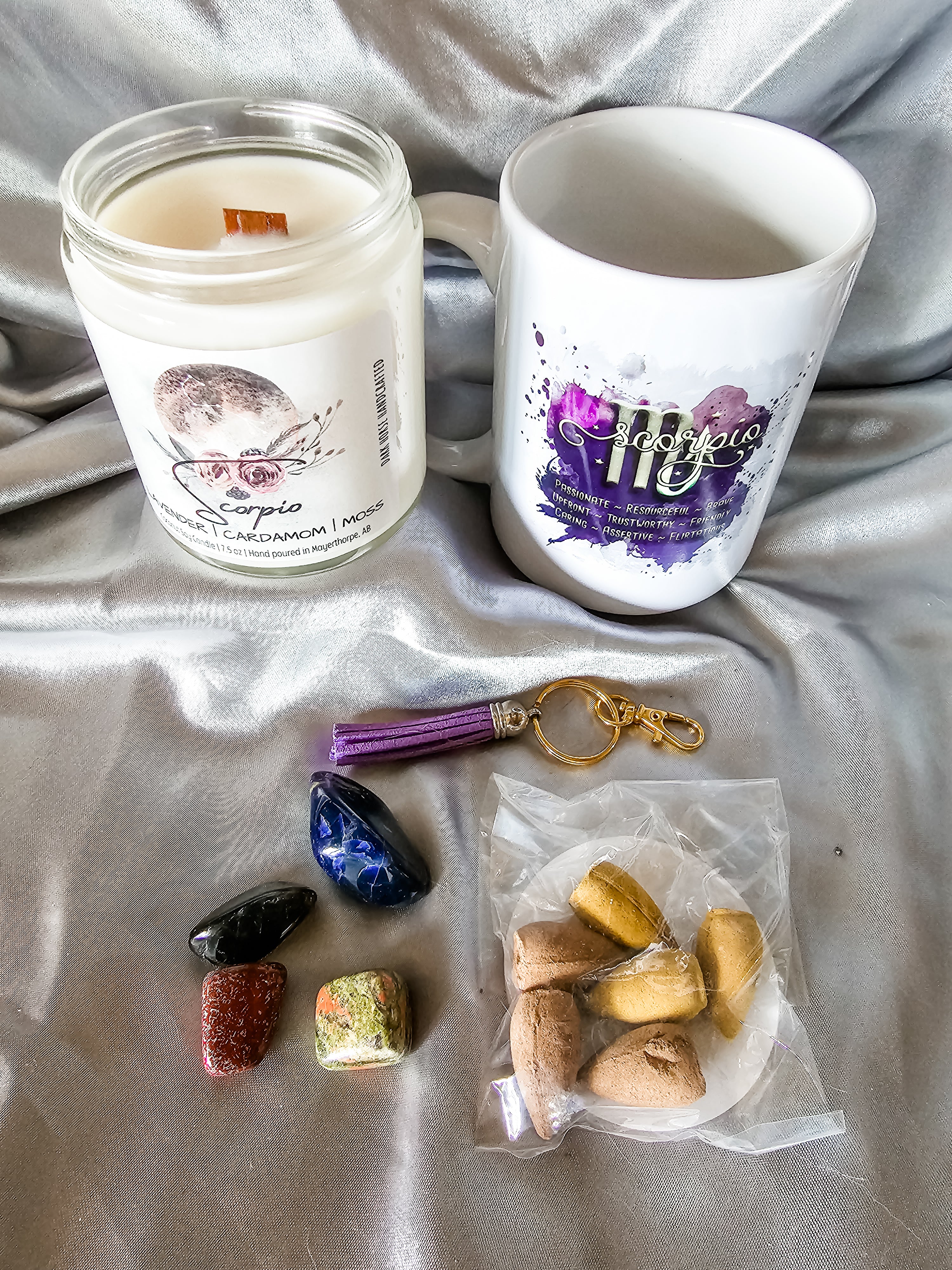 Scorpio zodiac candle gift box with mug, tumbled stones and incense cones.