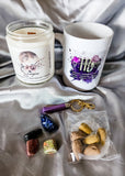 Scorpio zodiac candle gift box with mug, tumbled stones and incense cones.