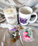 Taurus zodiac candle gift box with mug, tumbled stones and incense cones.