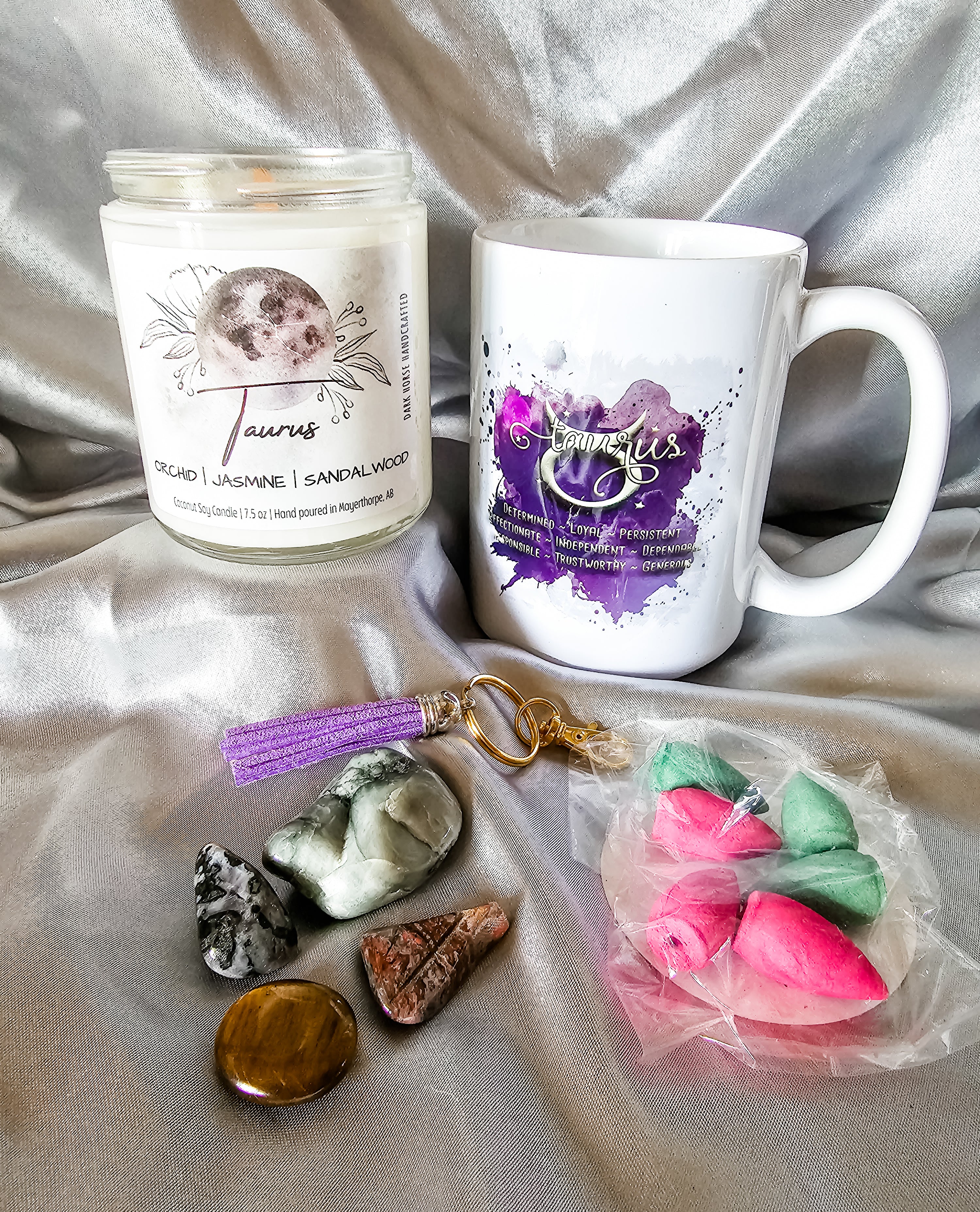Taurus zodiac candle gift box with mug, tumbled stones and incense cones.