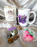 Taurus zodiac candle gift box with mug, tumbled stones and incense cones.