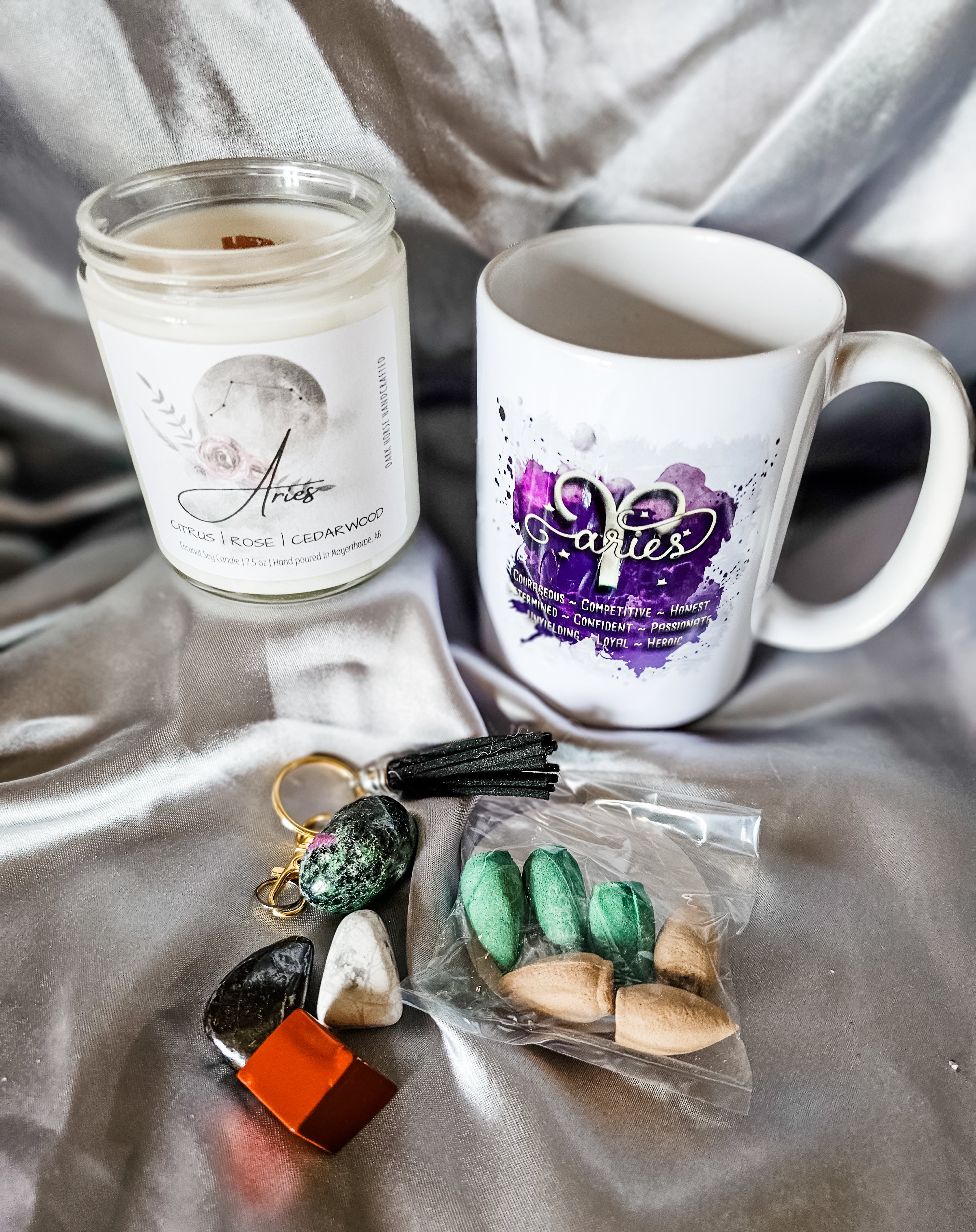 Aries zodiac candle gift set with mug, tumbled rocks and incense cones