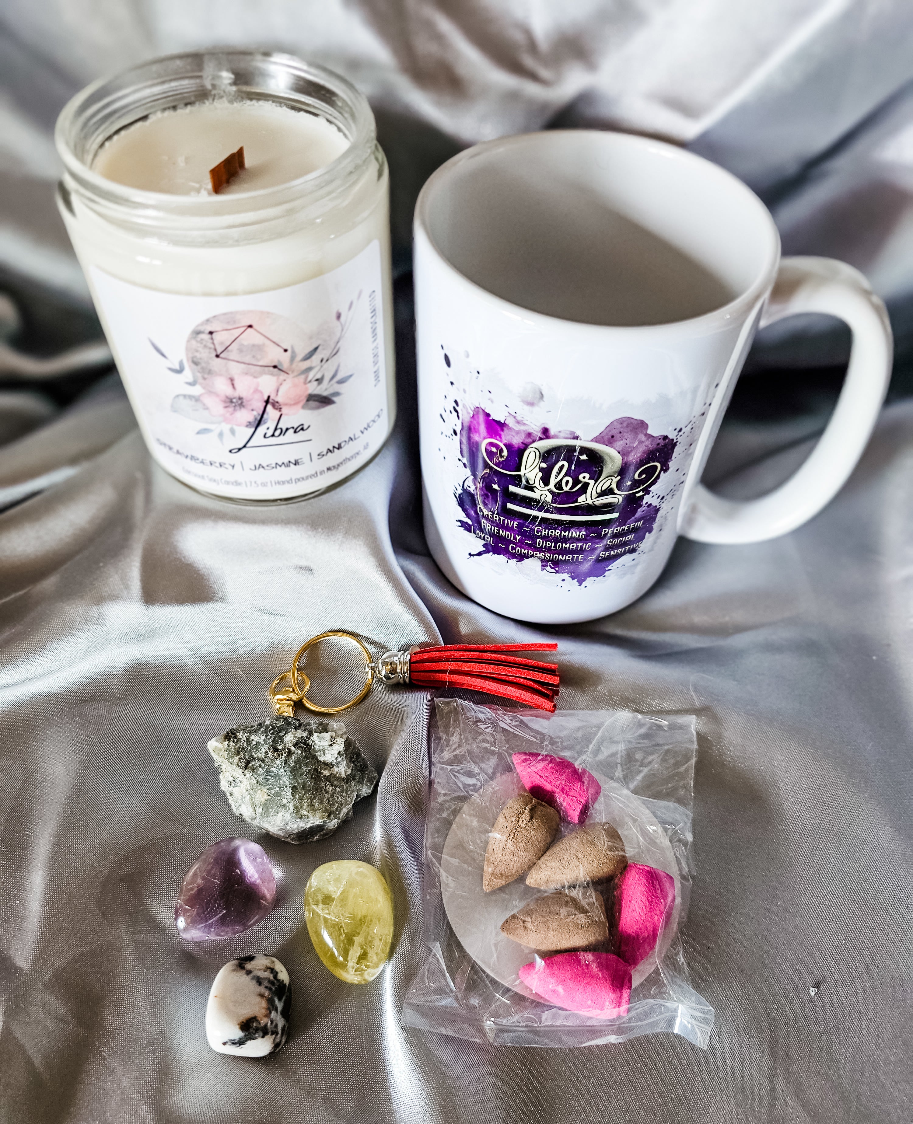 Libra zodiac candle gift set with mug, tumbled stones and incense cones.