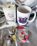 Libra zodiac candle gift set with mug, tumbled stones and incense cones.