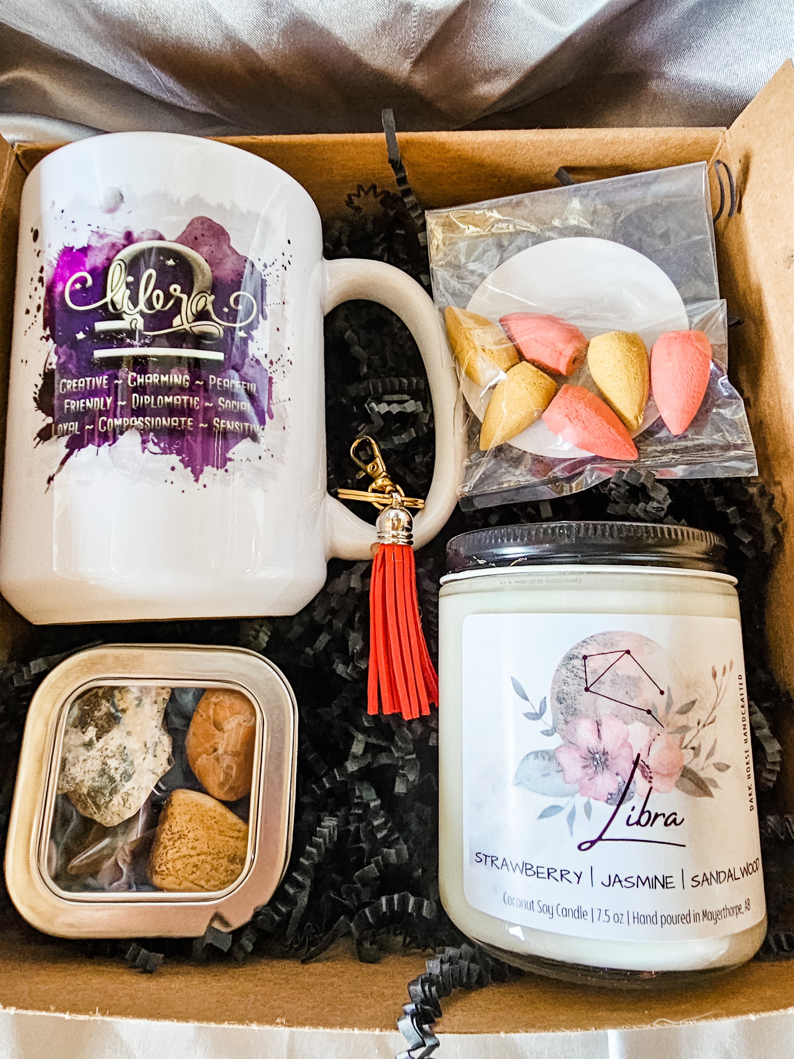 Taurus zodiac candle gift box with mug, tumbled stones and incense cones.