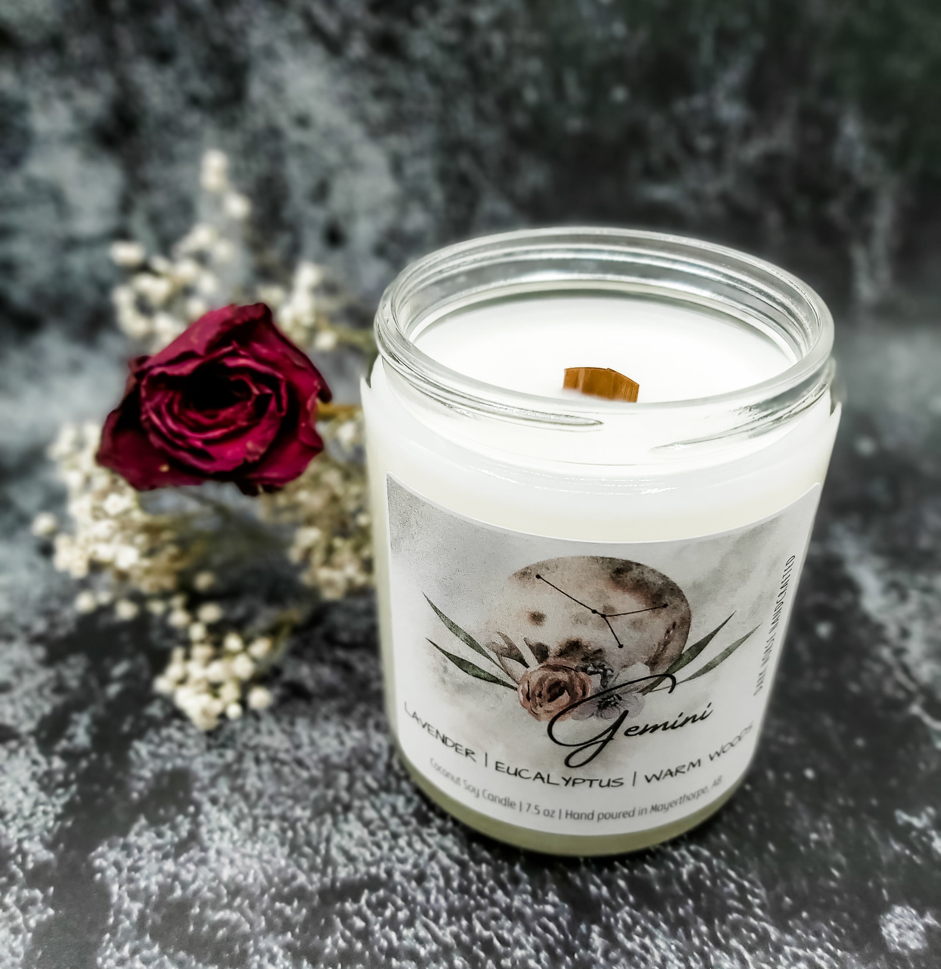 Gemini zodiac candle with wood wick