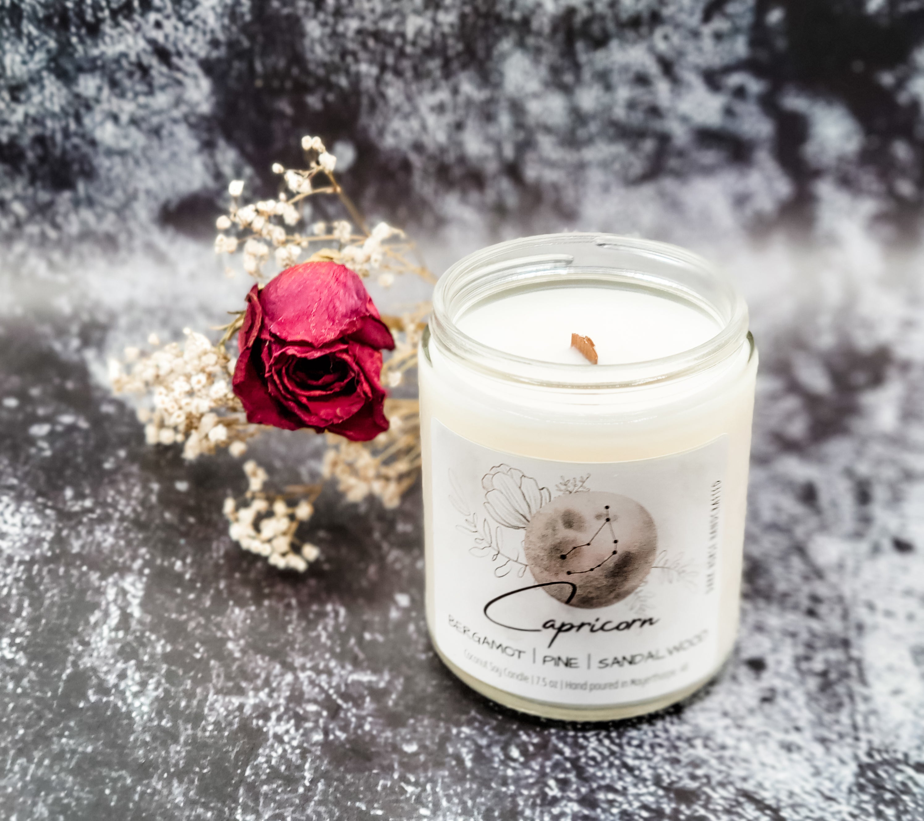 Capricorn zodiac candle with wood wick