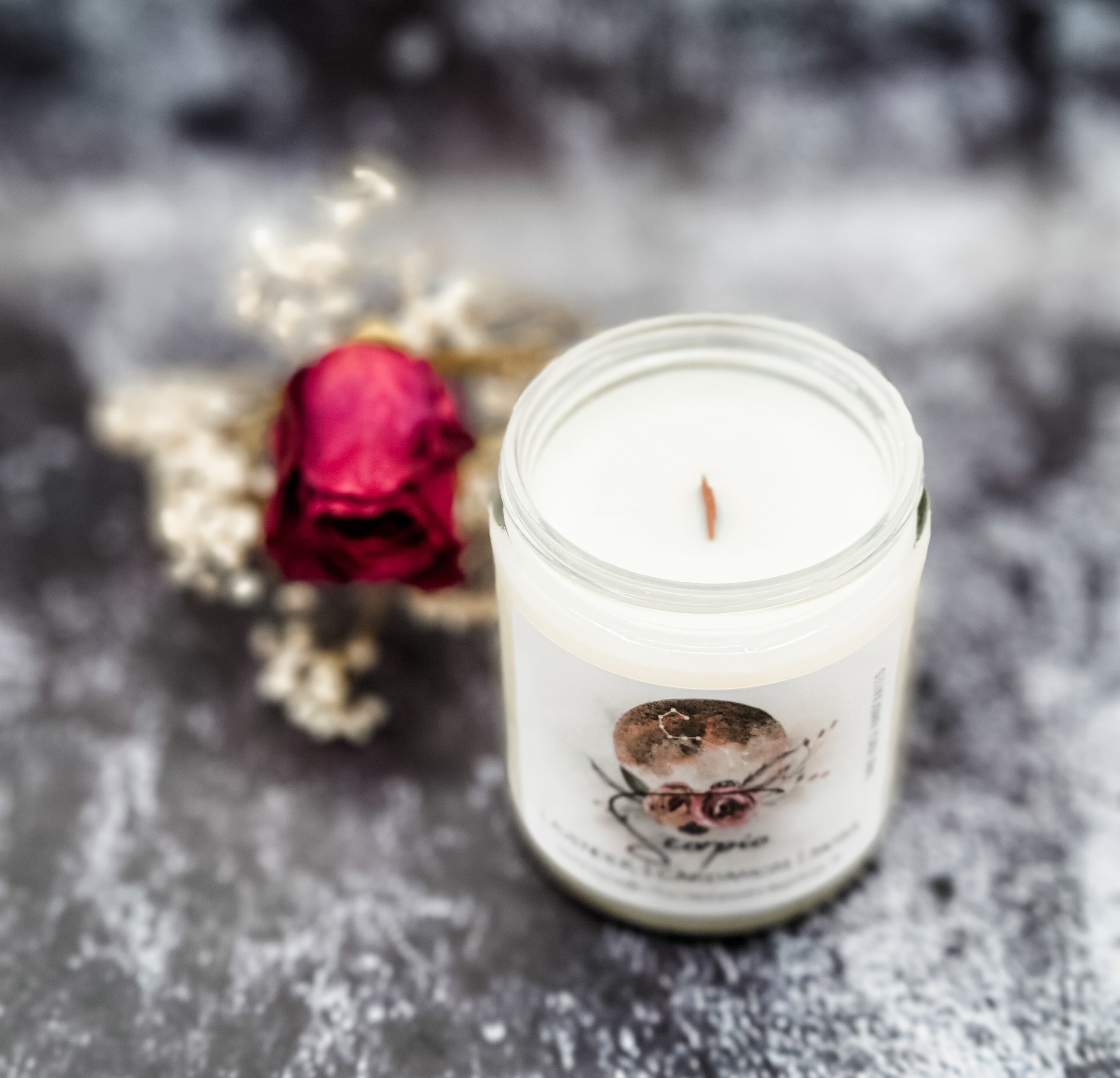 Scorpio zodiac candle with wood wick