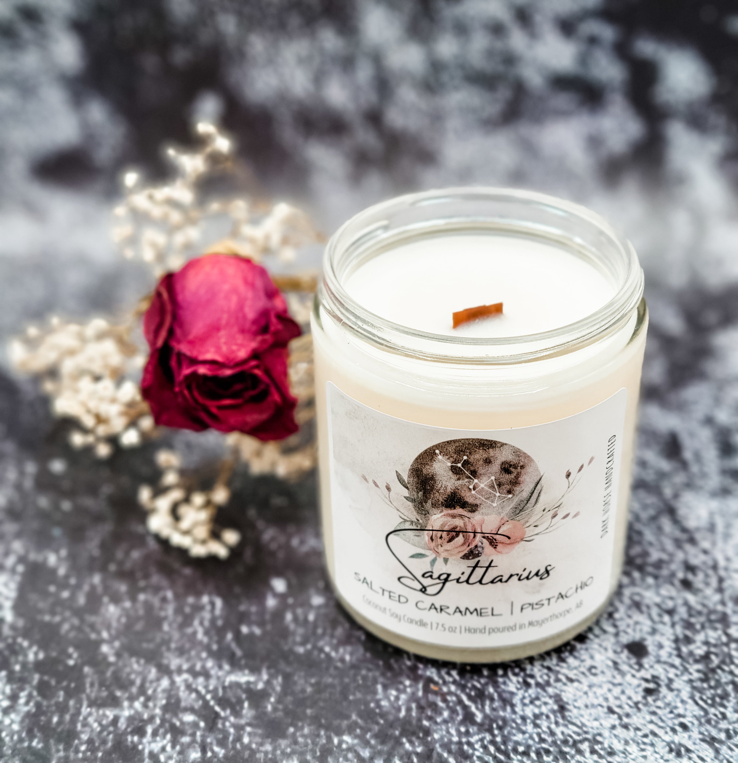 Sagittarius zodiac candle with wood wick