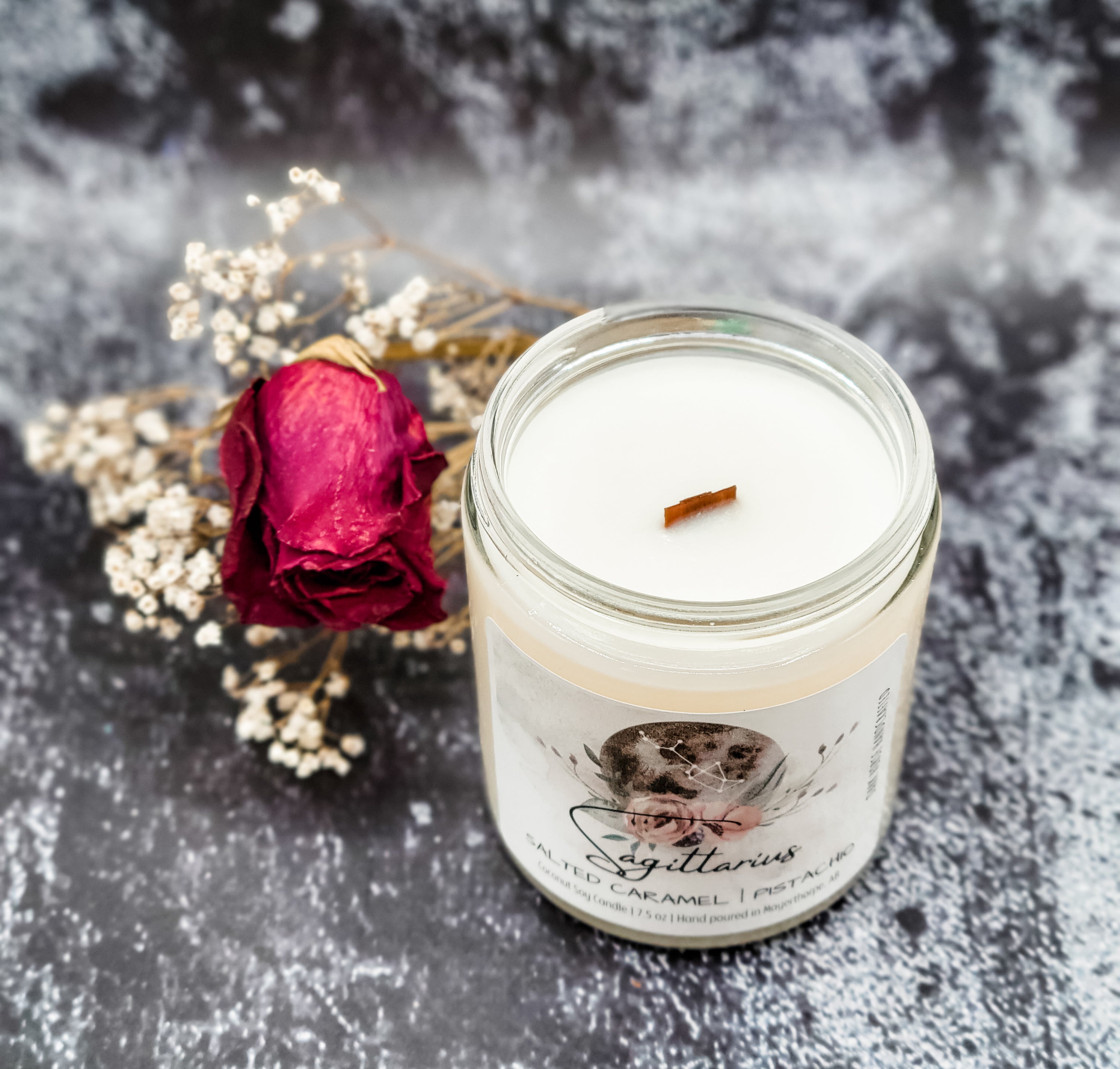 Sagittarius astrological candle with wood wick