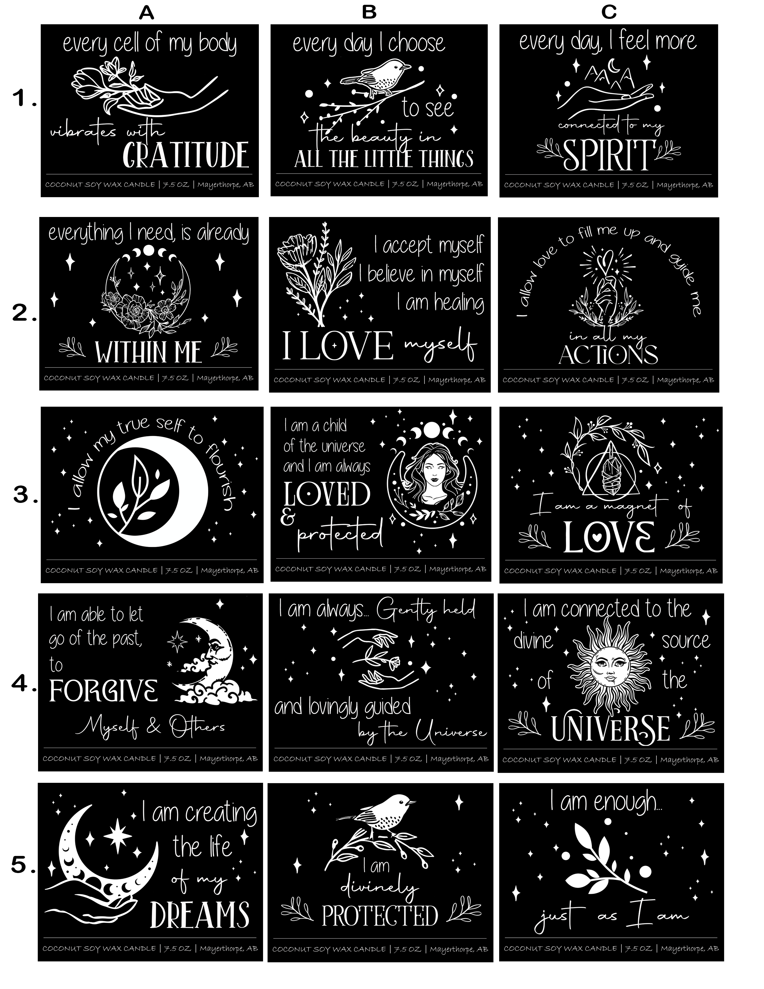 Affirmation candle selection sheet #1