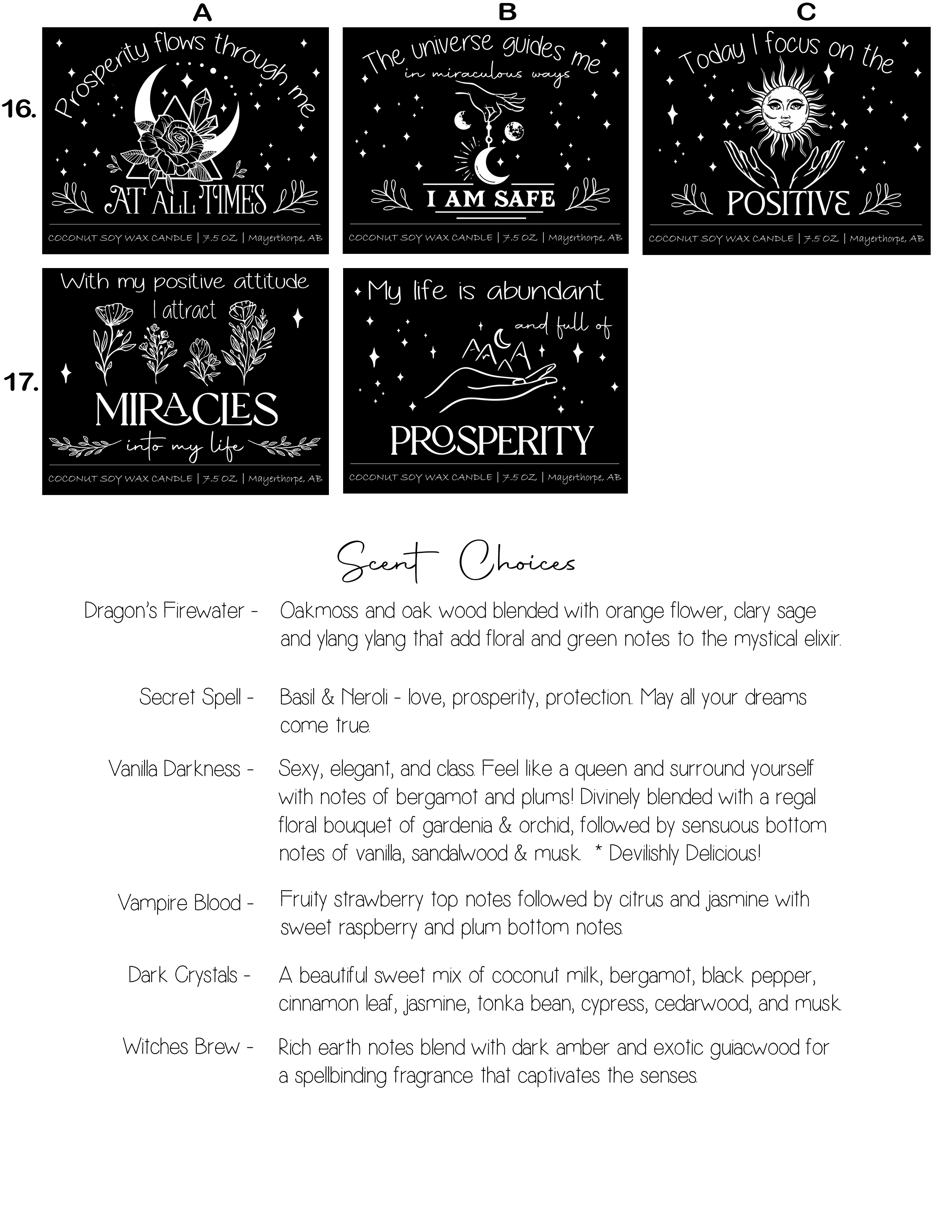 Affirmation candle selection sheet #4, including scent choice