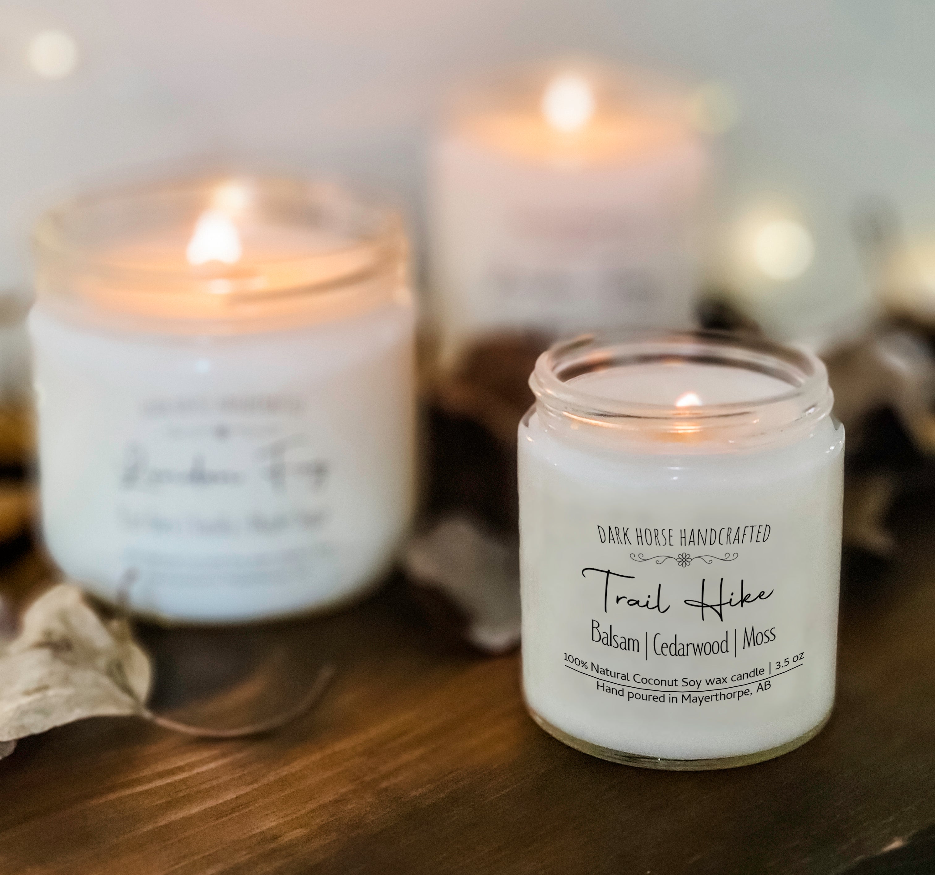 Trail Hike scented coconut soy candle with wood wick. Smells like balsam, cedarwood & moss
