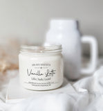 vanilla latte scented coconut soy candle with wood wick. Scent notes are coffee, vanilla & caramel.