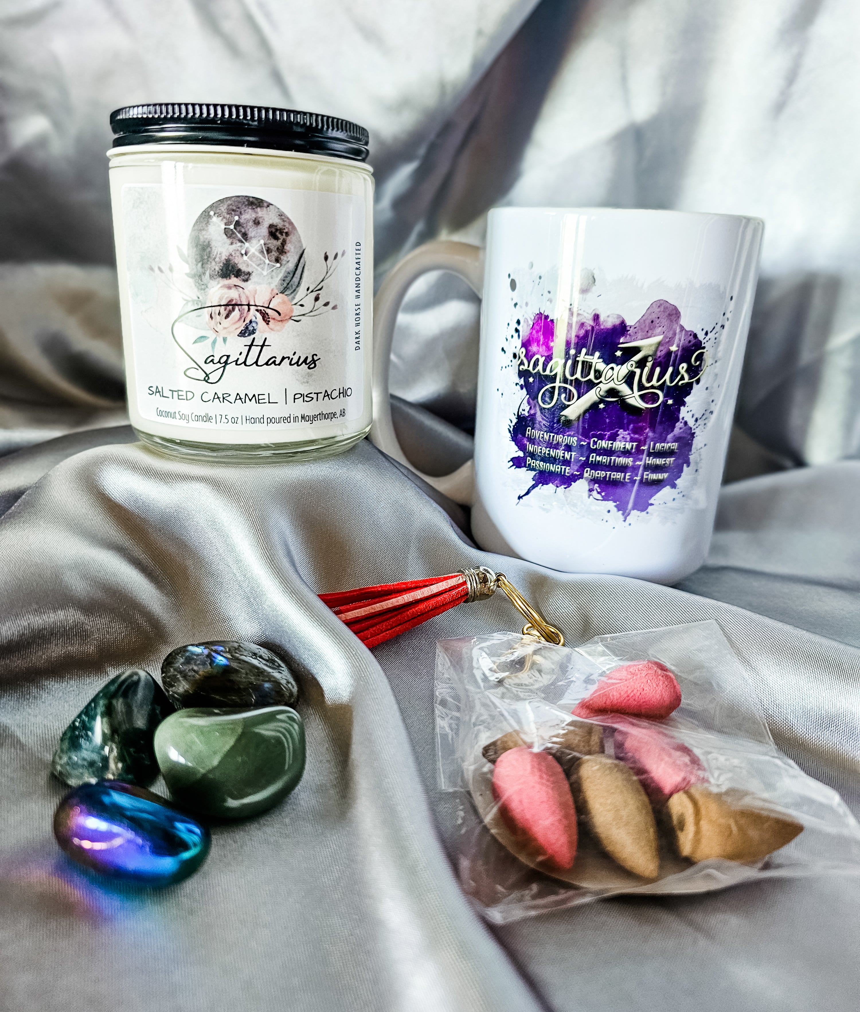 Sagittarius zodiac candle gift box with mug, tumbled stones and incense cones