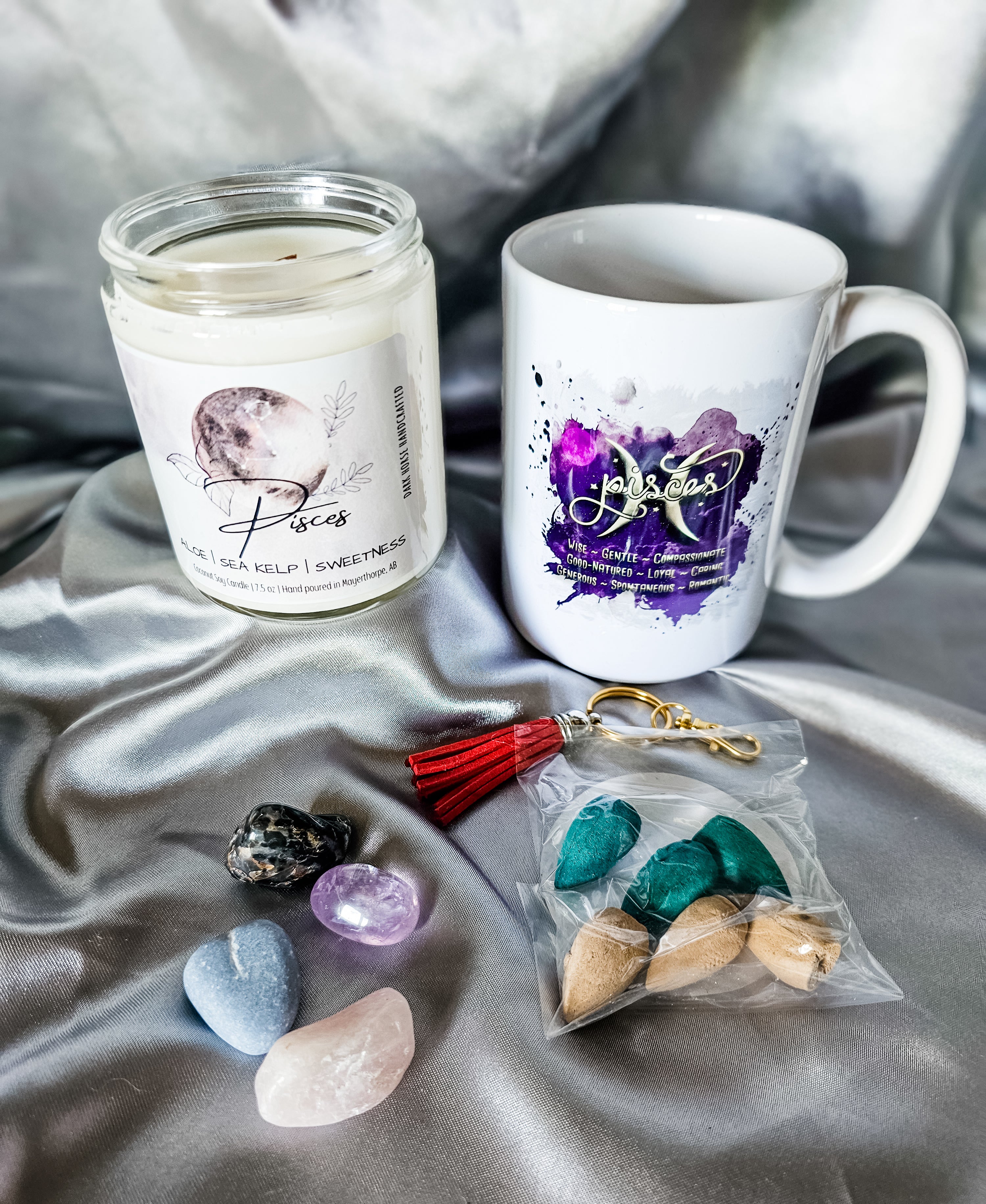 Pisces zodiac candle gift box with mug, tumbled stones and incense cones.