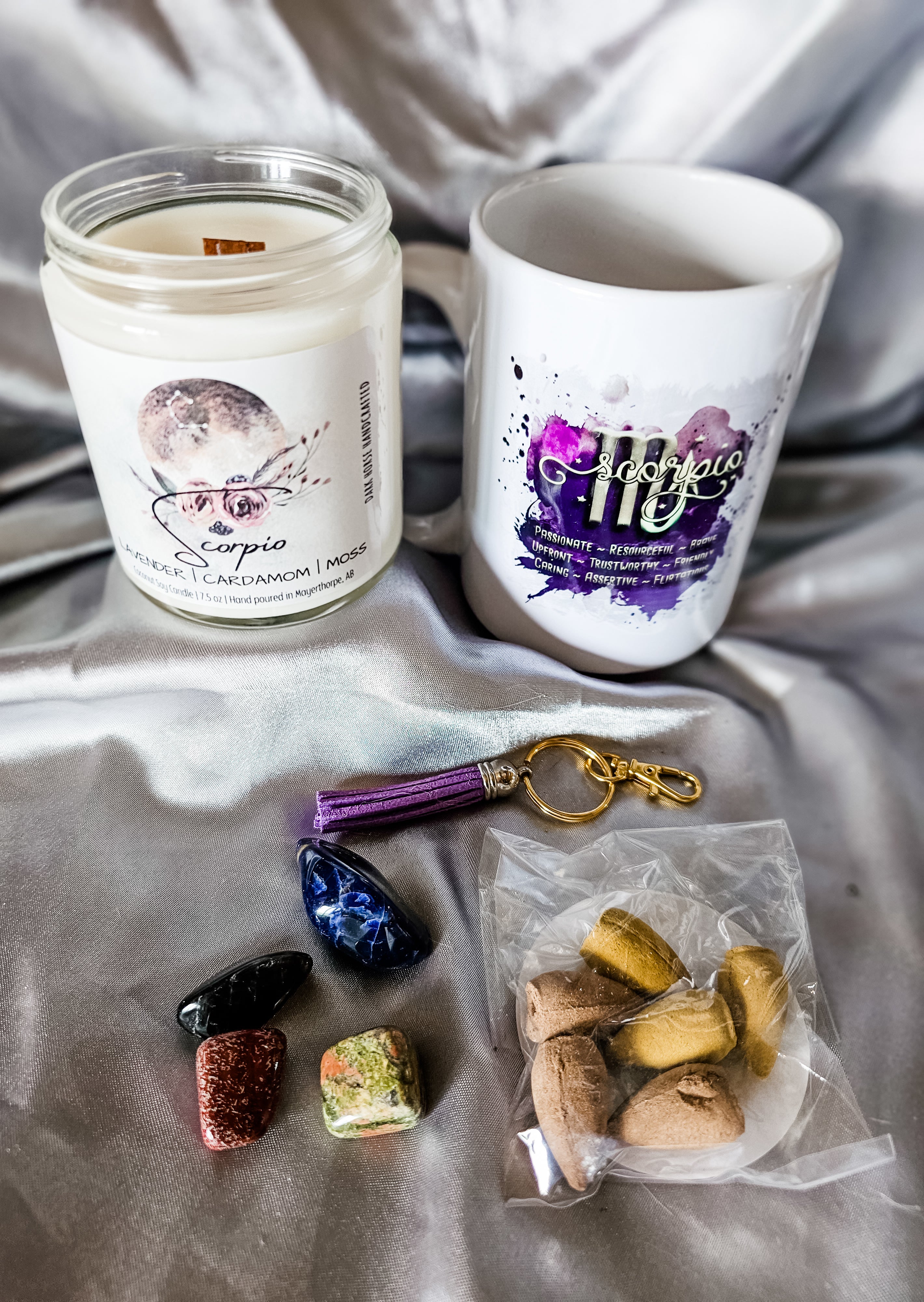 Scorpio zodiac candle gift box with mug, tumbled stones and incense cones.