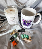 Aries zodiac candle gift set with mug, tumbled rocks and incense cones