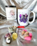 Libra zodiac candle gift set with mug, tumbled stones and incense cones.