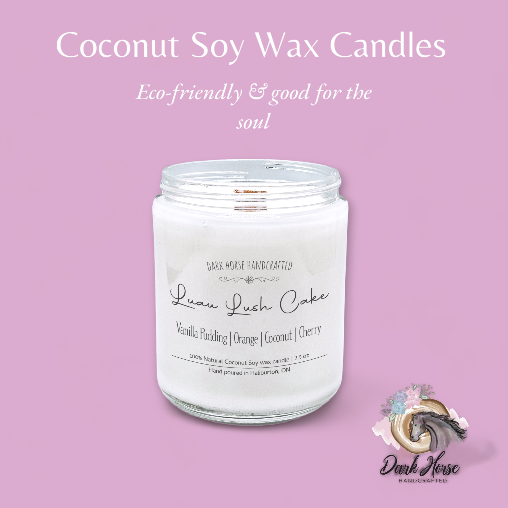 Luau Lush Cake candle on pink background with title of Coconut Soy Wax candles - eco-friendly & good for the soul