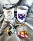 Virgo zodiac candle gift box set with tumbled stones, mug, and incense cones