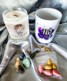 Virgo zodiac candle gift box set with tumbled stones, mug, and incense cones