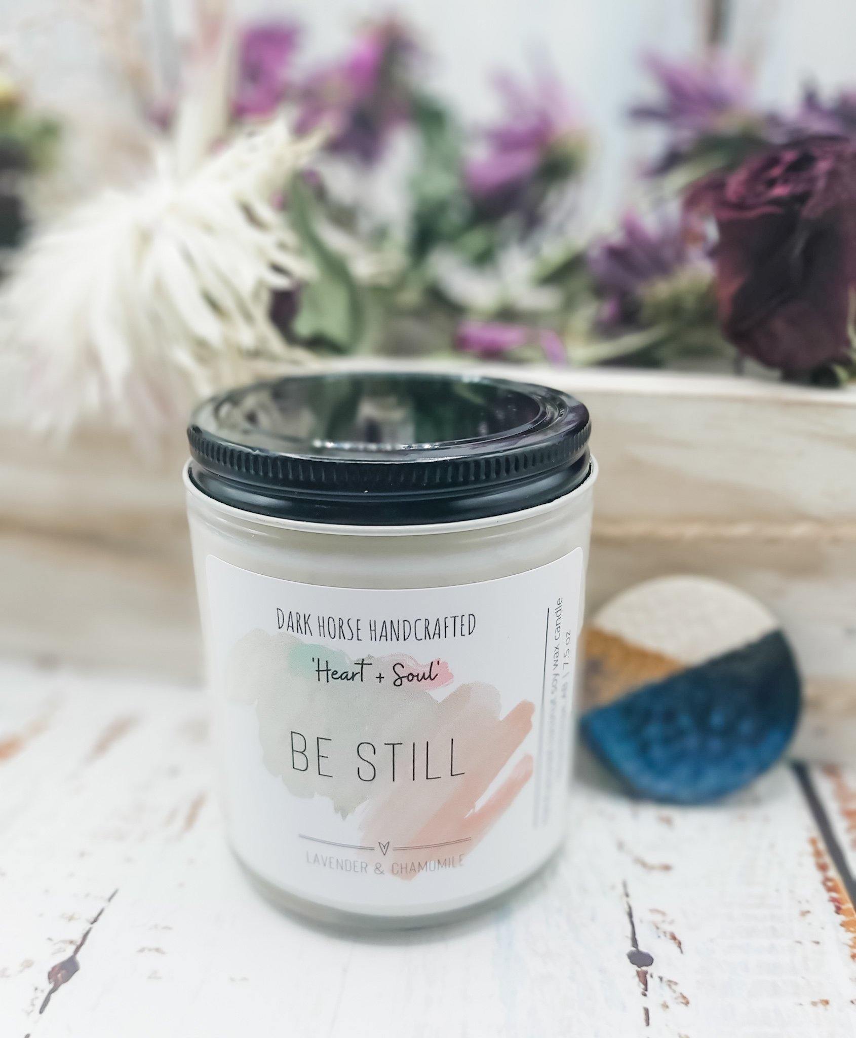 Be Still - Lavender & Chamomile scented Soy Candle, 'Heart & Soul' Collection - Dark Horse Handcrafted, wooden wick, alberta made
