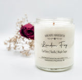 London Fog scented coconut soy candle with wood wick.  Scent notes are Earl Grey, Vanilla & Maple Sugar