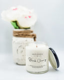 Black Cherry scented coconut soy candle with wood wick.